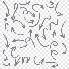 Set of black hand drawn arrows isolated on white. Vector illustration. Hand drawn doodle sketch style. 
