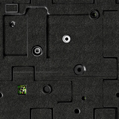 Seamless 4k photo texture material of black plastic tech panel surface with cable connector holes...