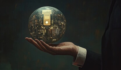 A hand holds a glowing, transparent sphere, revealing intricate circuit board details