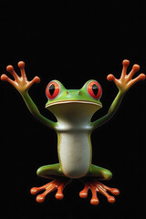 Colorful tree frog with vibrant red eyes and orange hands posed against a black background