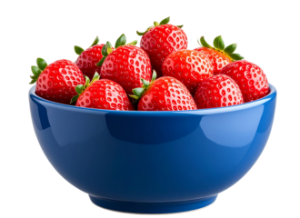 Vibrant Red Strawberries in a Glossy Blue Ceramic Bowl, Healthy Snack Concept, Transparent PNG