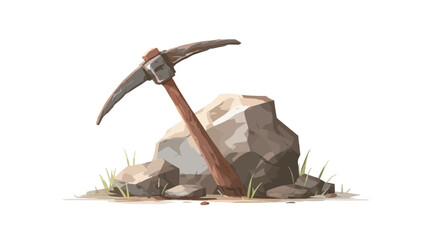 Digital illustration of a pickaxe resting on a large rock with smaller rocks and patches of grass at the base. The pickaxe has a brown wooden handle and a metallic head showing signs of wear and