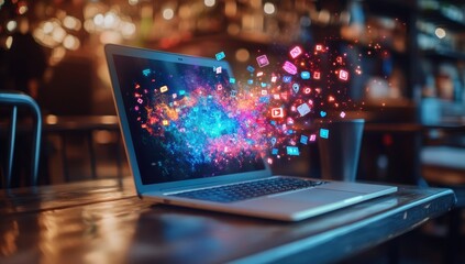 Laptop screen bursting with social media icons in vibrant colors