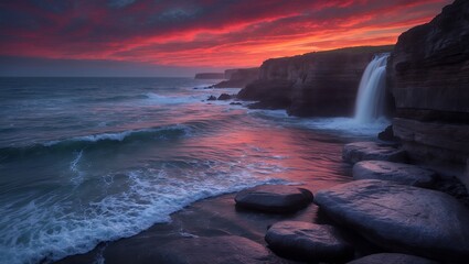 Fototapeta premium Coastal Waterfall Flowing into Ocean with Red Sunset Sky Reflection