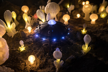 Abstract Miniature of Another Planet with Giant Glowing Mushrooms. A Nighttime Scene on an Alien World, Illuminated by the Soft Glow of Otherworldly Fungi.