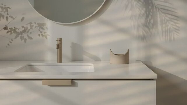 Minimalist white bathroom vanity with round mirror and sunlight shadow