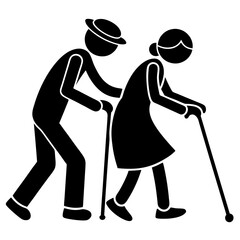 Elderly couple walking with canes silhouette