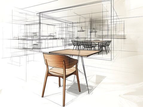 basic line art sketch of a wooden dining chair using fine lines and gentle curves for furniture infographics