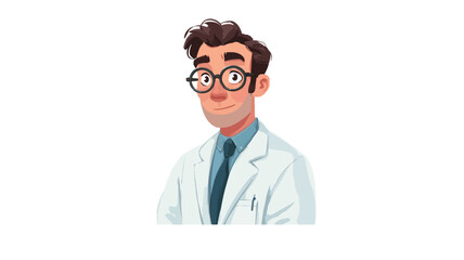 Fototapeta premium A digital illustration of a smiling cartoon doctor. The doctor is a male, light-skinned individual wearing round glasses, a white lab coat, and a dark tie. The style is cartoonish with a simple,