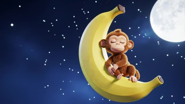 Animated Monkey Sleeping on Banana Moon Under Starry Night Sky with Full Moon