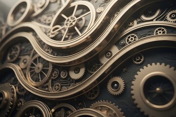Obraz premium Intricate Steampunk Mechanism with Golden Gears and Wavy Lines on Dark Background