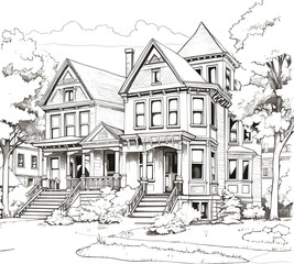Black and white illustration of Victorian houses, vintage architectural drawing, historical homes with ornate details, old-fashioned porch design, classic urban neighborhood sketch, real estate