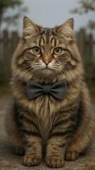 Obraz premium Fluffy cat wearing bowtie outdoors.