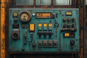 Vintage control panel with gauges dials and switches displaying industrial machinery details