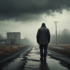 A lonely man on a dark road