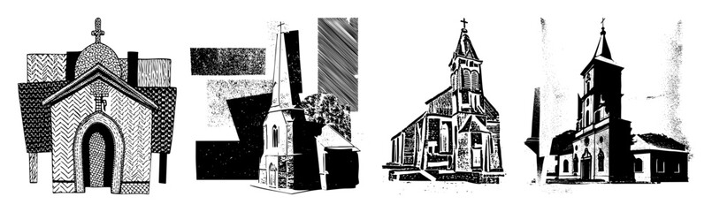 Vector Detailed vector illustrations of four distinct historic churches with varying architectural styles.