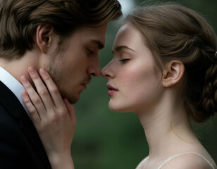Naklejka premium Man and woman young couple kissing. AI generated.