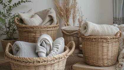 Fototapeta premium Cozy Blankets Neatly Arranged in Woven Baskets Within a Warm, Inviting Living Space