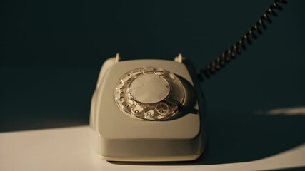 Man hand taking rotary phone in evening room closeup. Businessman picking up