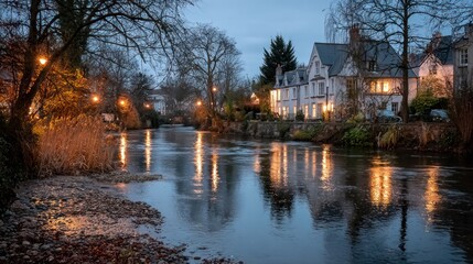 Obraz premium Twilight serenity by the urban river, where water mirrors the fading day