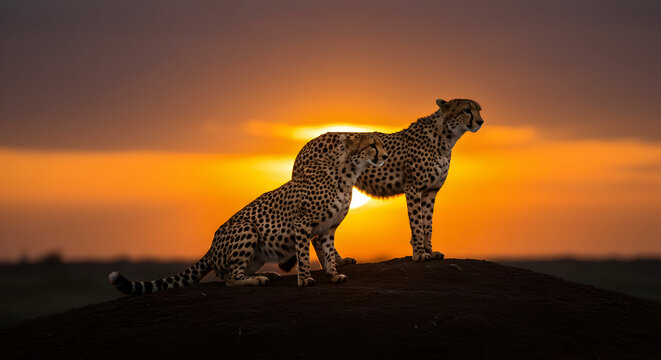 Two cheetahs silhouetted against an african sunset in the wild