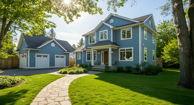 Blue Two Story House with Attached Garage and Landscaped Yard