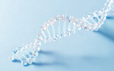 A detailed illustration of a DNA double helix structure against a light blue background.