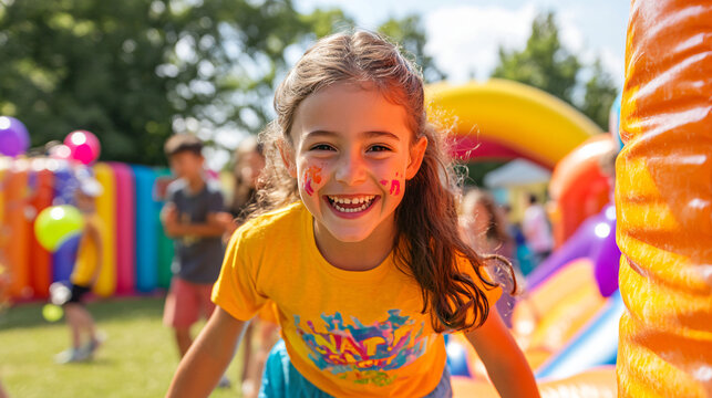 Joyful children’s jamboree at the 150th anniversary of Reed City, colorful inflatables, face painting, kids playing and laughing, cheerful outdoor park setting with streamers and balloons