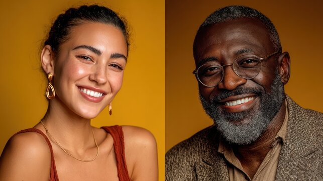 Young Asian woman and middle-aged Black man smiling, side by side. Diversity and connection through shared warmth.