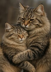 Obraz premium Affectionate fluffy cats cuddling outdoors.