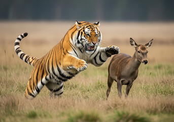 A fierce tiger leaping from tall grass toward a deer, in motion with claws extended and background blurred to emphasize speed © Vexmaster