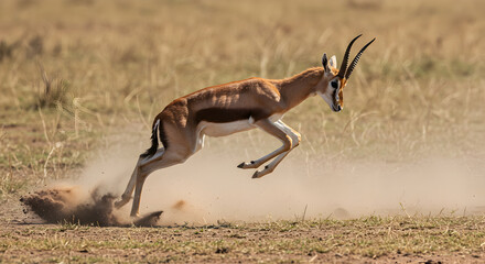 A gazelle in mid-leap kicking up dust in a savanna environment