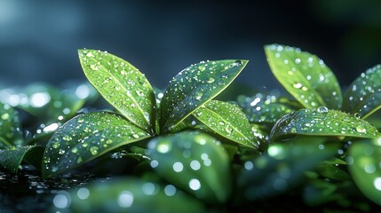 Close-up of vibrant green leaves, glistening with water droplets