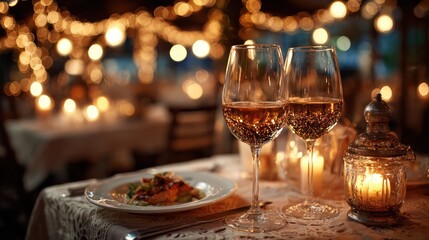 A romantic candlelit dinner with wine and fine dining, evoking love
