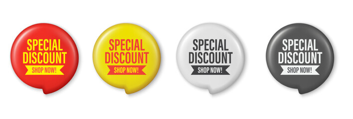 Special discount minimal symbol. 3D Round sticker badge with offer message. Advertising discounts symbol. Promotion set for clearance sale and advertisement. Trendy and modern vector in 3d style.