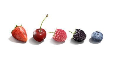 Raspberry, strawberry, blueberry, blackberry, cherry berries lying mockup, isolated