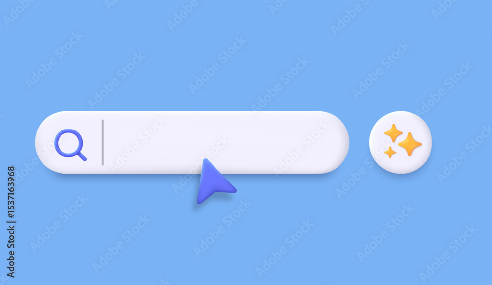 Poster 3D generative AI bar with a generate button. Generate and Magic star icon AI.  Artificial intelligence technology. Input prompt to create ideas. Trendy and modern vector in 3d style.