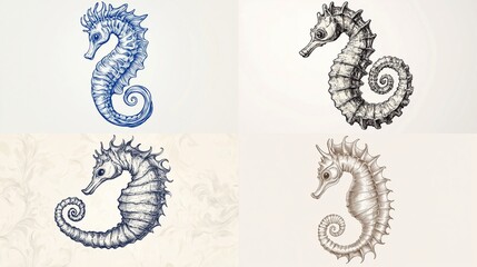 Four Stylized Seahorse Illustrations Various