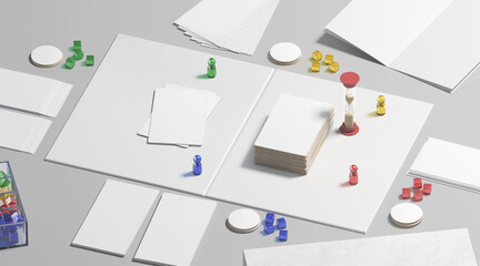 White board game field with chips, dice and cards mockup
