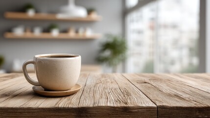 Minimalist wooden desk bathed in morning light, a serene workspace for focused productivity.