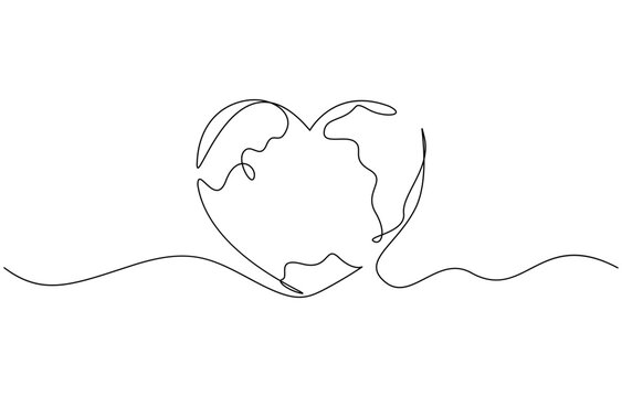 Earth globe continuous line drawing of the heart shape. Love world map one line art, World health day concept. Continuous line draw design graphic vector illustration.