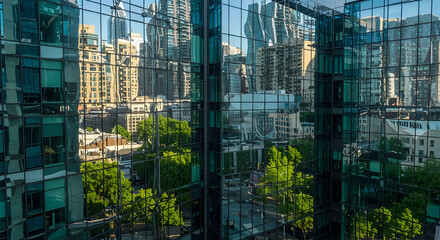 Fototapeta premium Cityscape View Through Glass Facade: Modern Buildings and Reflections