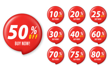 Set of discount promotions. 3D Round sticker mockup banner. Promotion sticker badge set for shopping marketing and advertisement, clearance sale, special offer. Trendy and modern vector in 3d style.