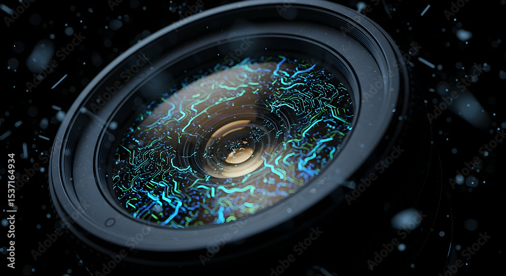 Poster close-up view of a camera lens with blue and green particles
