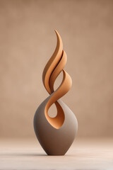 Tall, thin, silver and gold sculpture of a flame. The sculpture is made of metal and has a shiny, reflective surface. The flame is twisted and he is in motion, giving the sculpture a dynamic