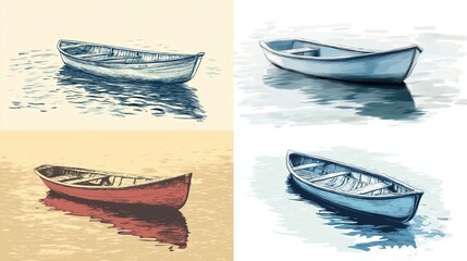 Four stylized illustrations of rowboats on water, presented in a grid format.  Each boat displays a different color hull (reddish-orange, light blue, dark sketches