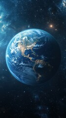 Stunning view of Earth from space at dawn showcasing continents and city lights