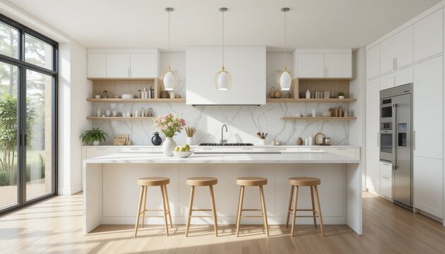 Modern Kitchen Design With White Cabinetry, Wooden Accents, and Natural Light Streaming Through Large Windows