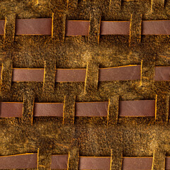 Seamless 4k photo texture material of brown worn suede leather pattern with leather strap inserts.