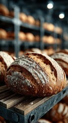 Freshly baked artisanal bread on wooden shelves in a rustic bakery during morning hours